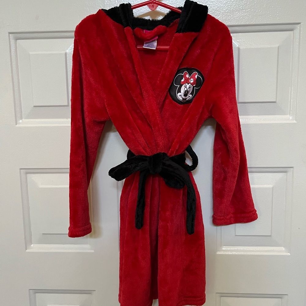 Minnie Mouse red and black bath robe with hood kids girls 4T 5T